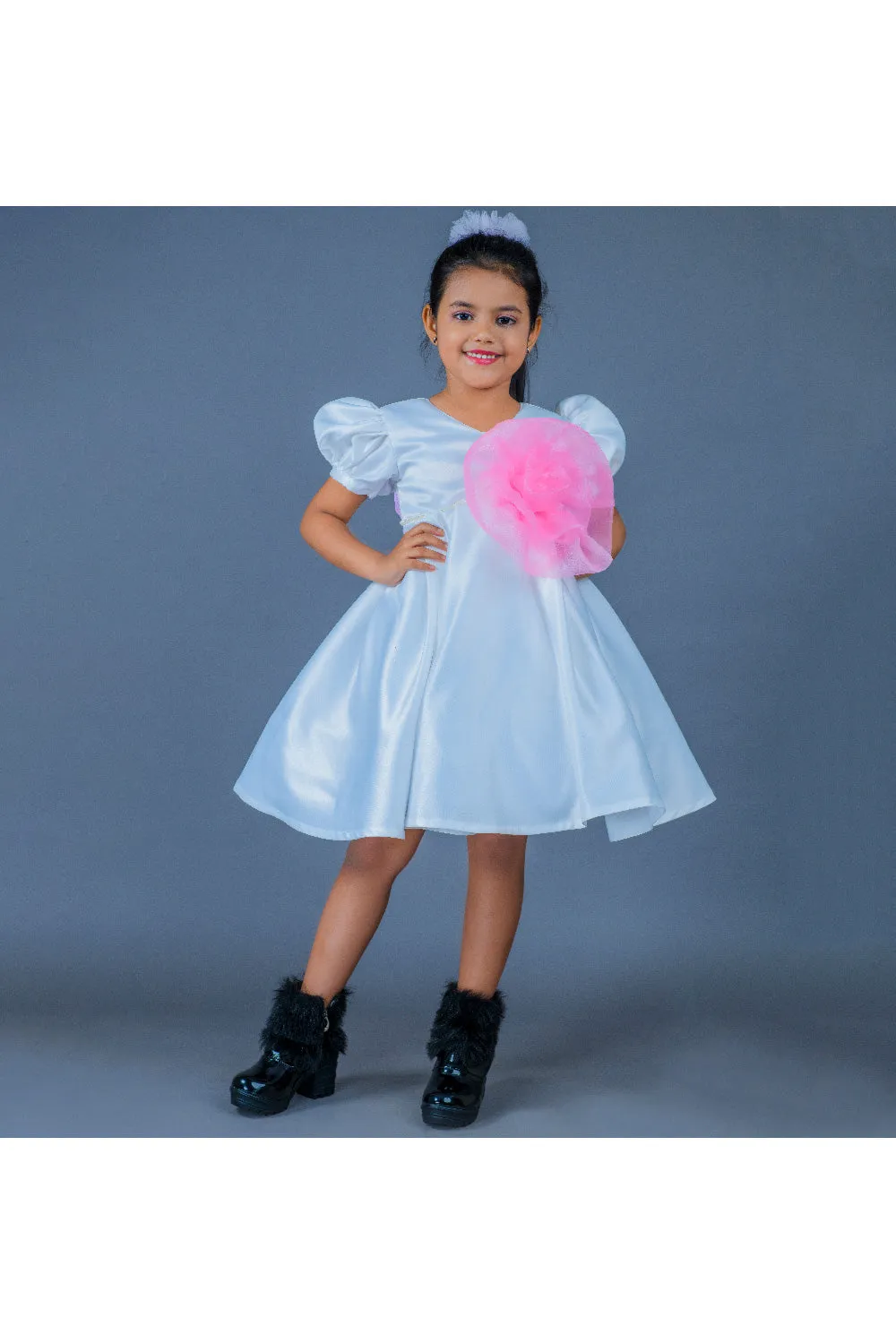 White With Pink Flower Detailing Organza Dress