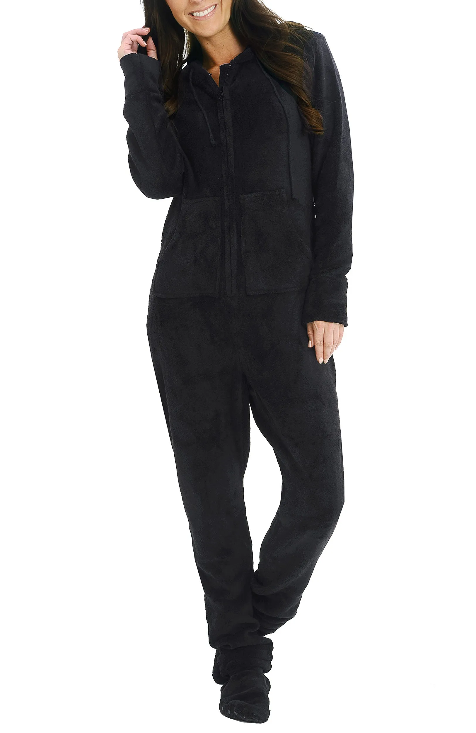 Women's Hooded Footed Pajamas, Plush Adult Onesie, Winter PJs with Hood