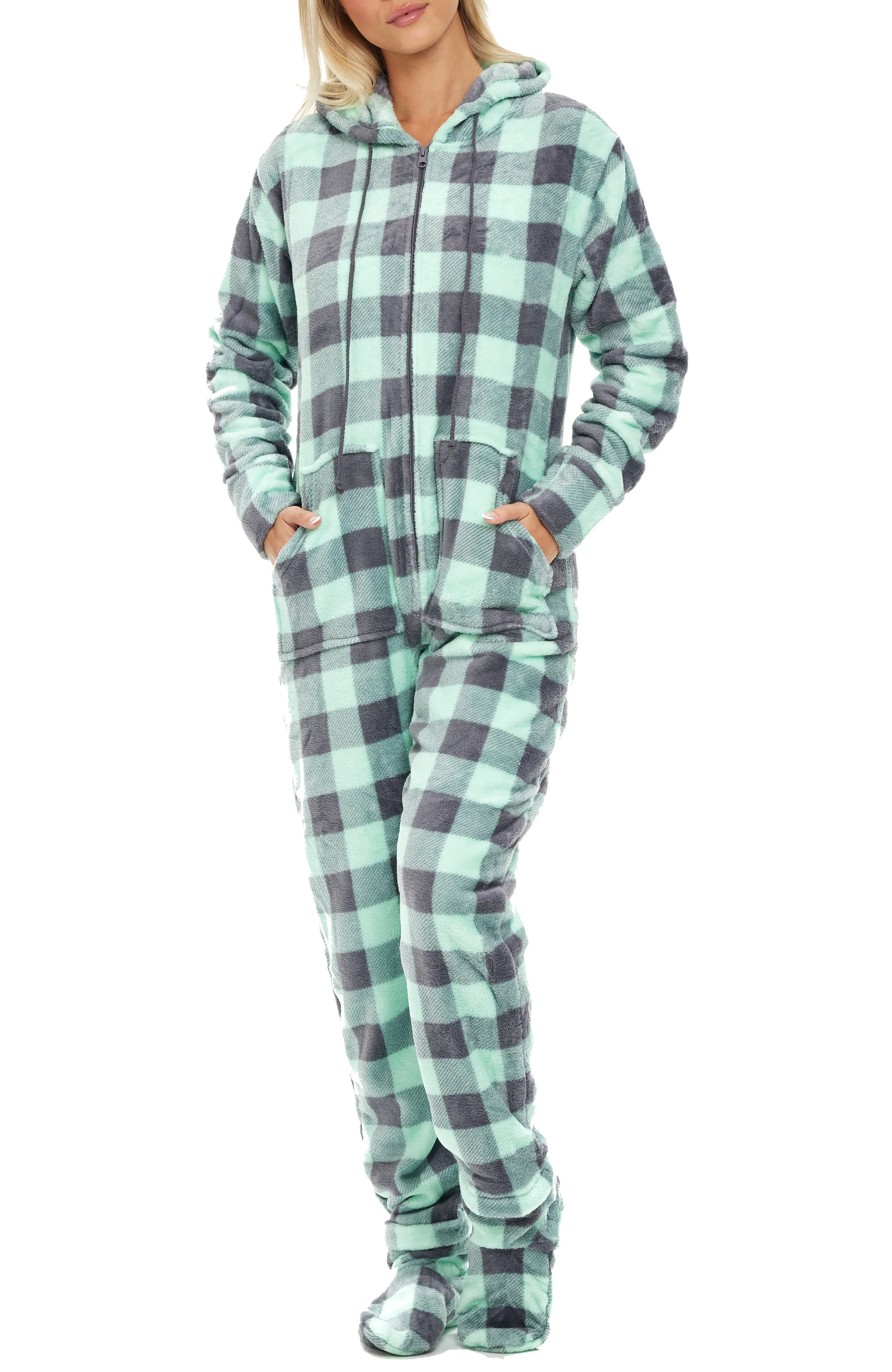 Women's Hooded Footed Pajamas, Plush Adult Onesie, Winter PJs with Hood
