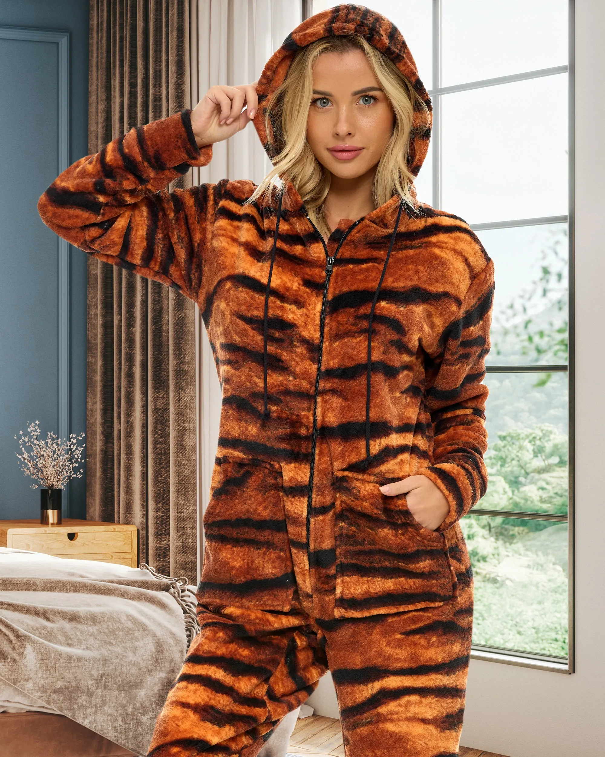 Women's Hooded Footed Pajamas, Plush Adult Onesie, Winter PJs with Hood