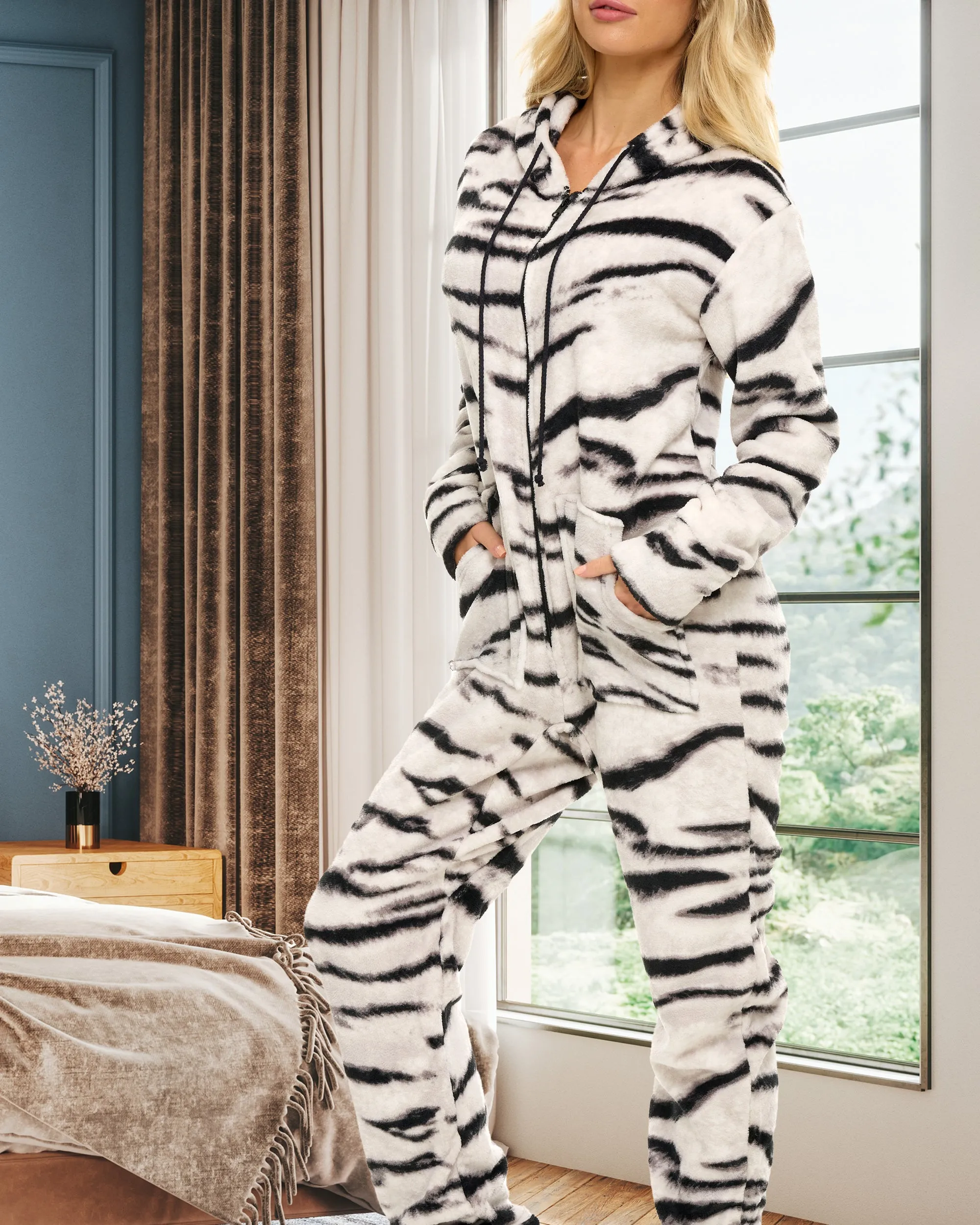 Women's Hooded Footed Pajamas, Plush Adult Onesie, Winter PJs with Hood