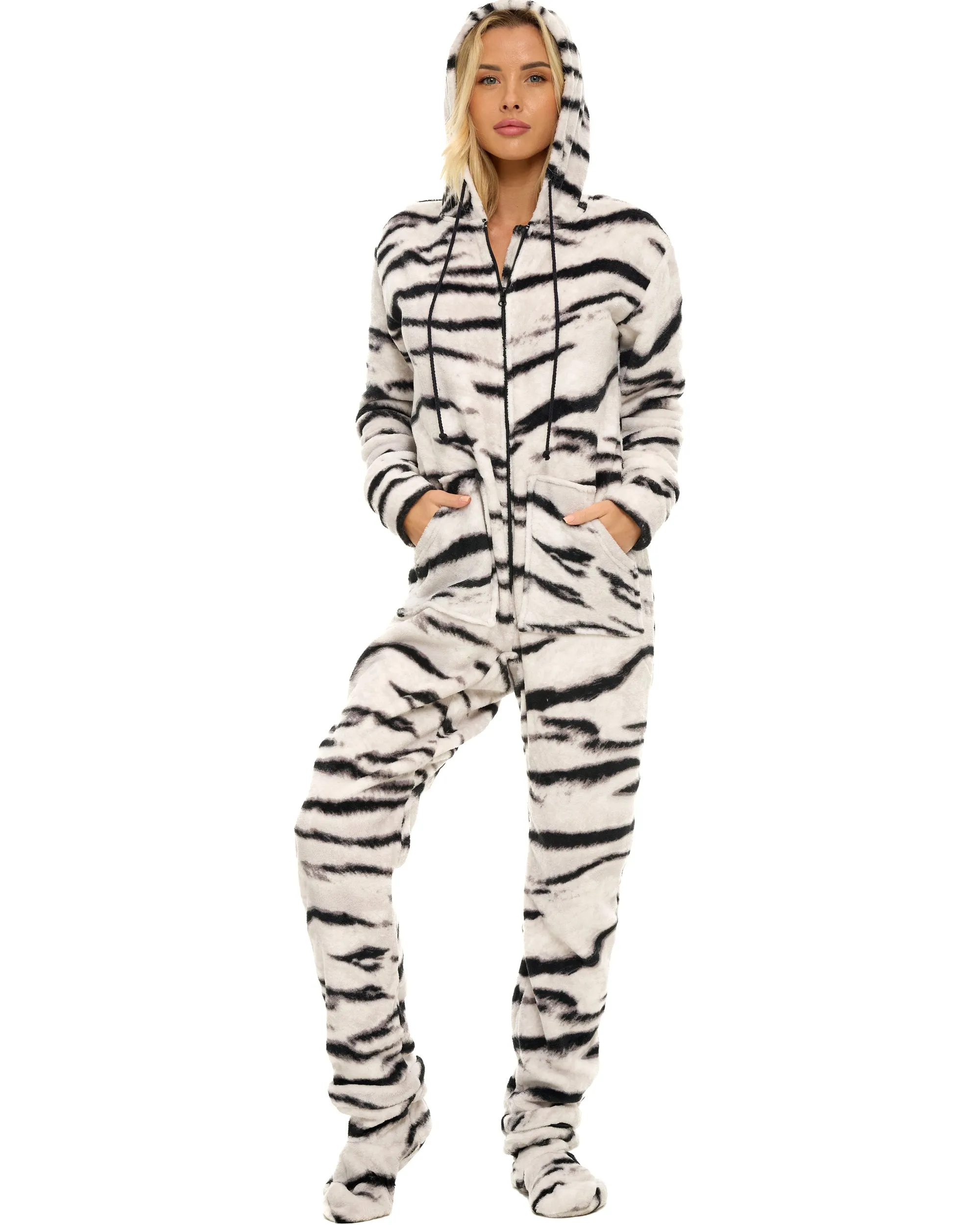 Women's Hooded Footed Pajamas, Plush Adult Onesie, Winter PJs with Hood