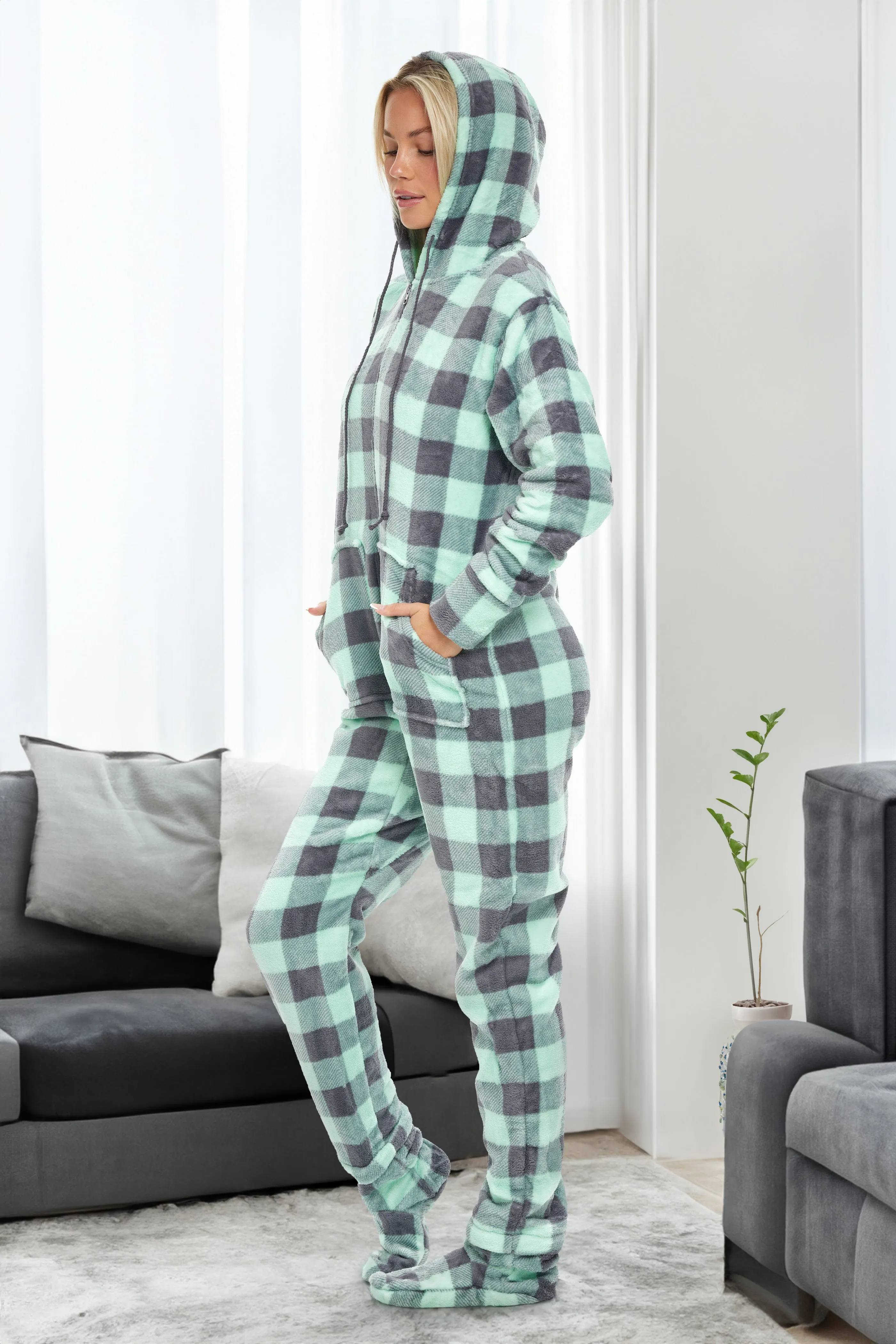 Women's Hooded Footed Pajamas, Plush Adult Onesie, Winter PJs with Hood
