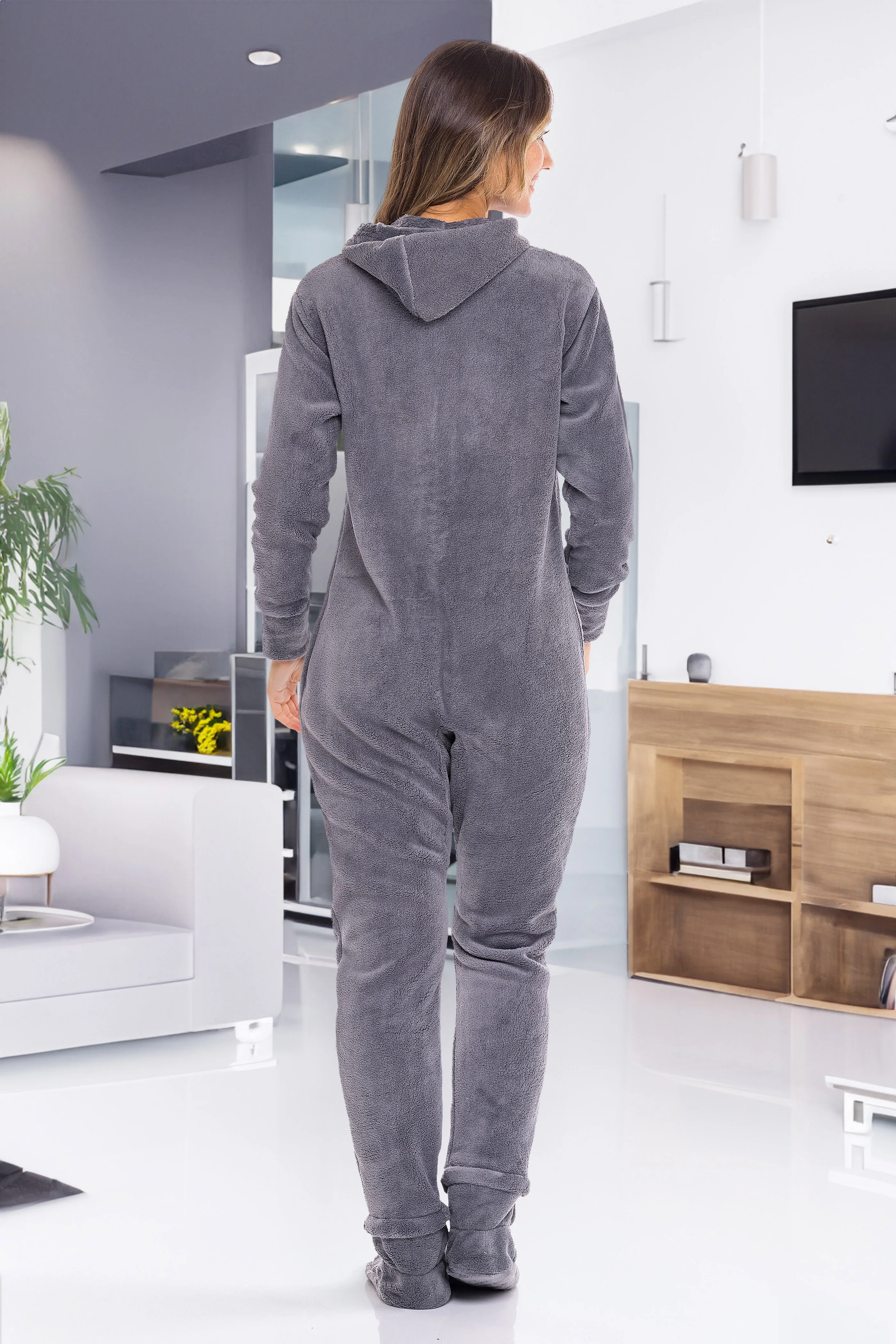 Women's Hooded Footed Pajamas, Plush Adult Onesie, Winter PJs with Hood