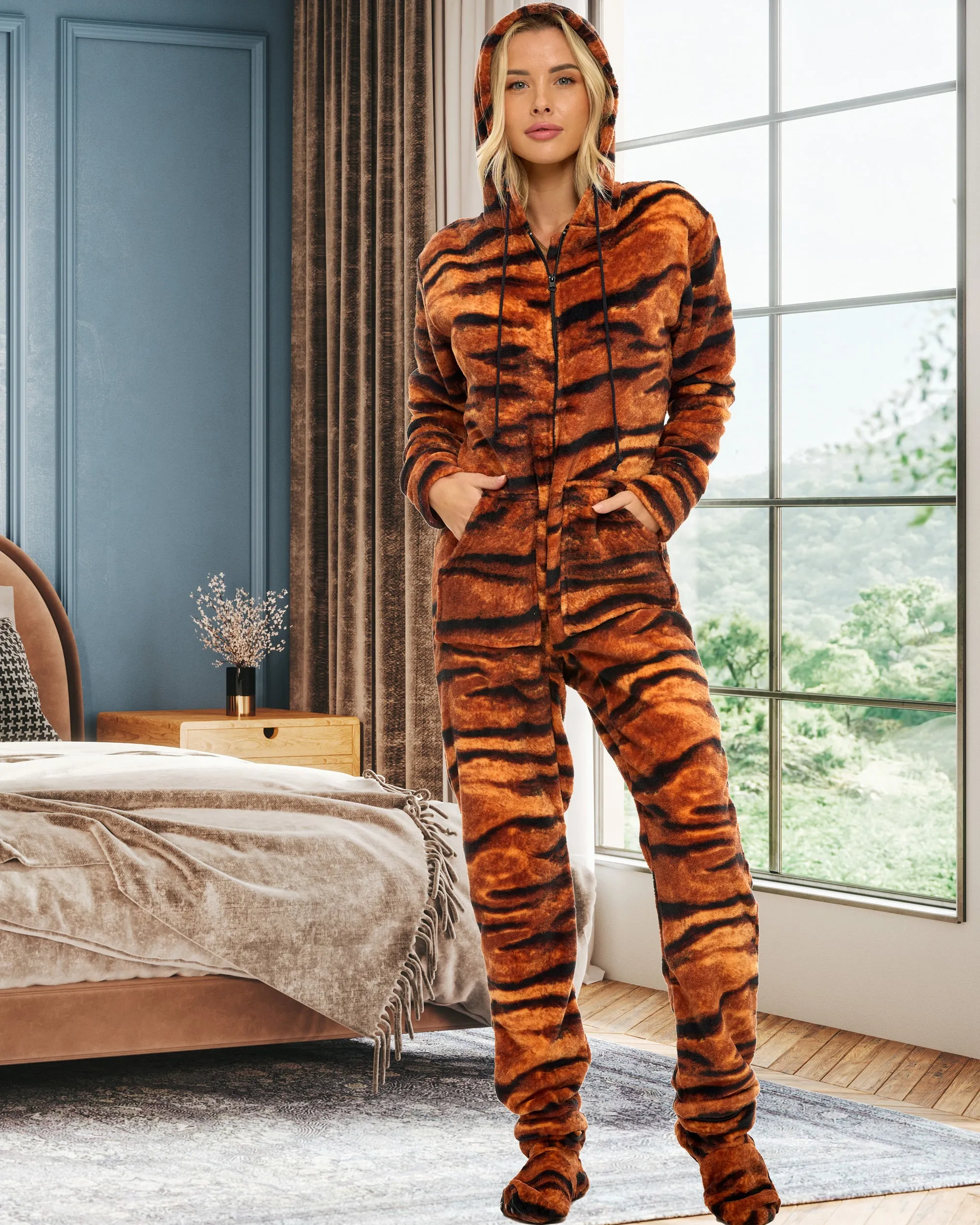 Women's Hooded Footed Pajamas, Plush Adult Onesie, Winter PJs with Hood