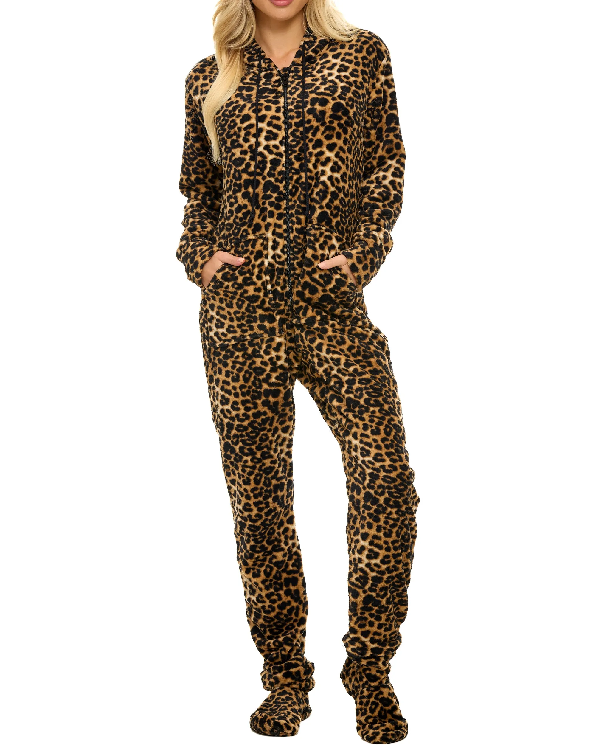 Women's Hooded Footed Pajamas, Plush Adult Onesie, Winter PJs with Hood