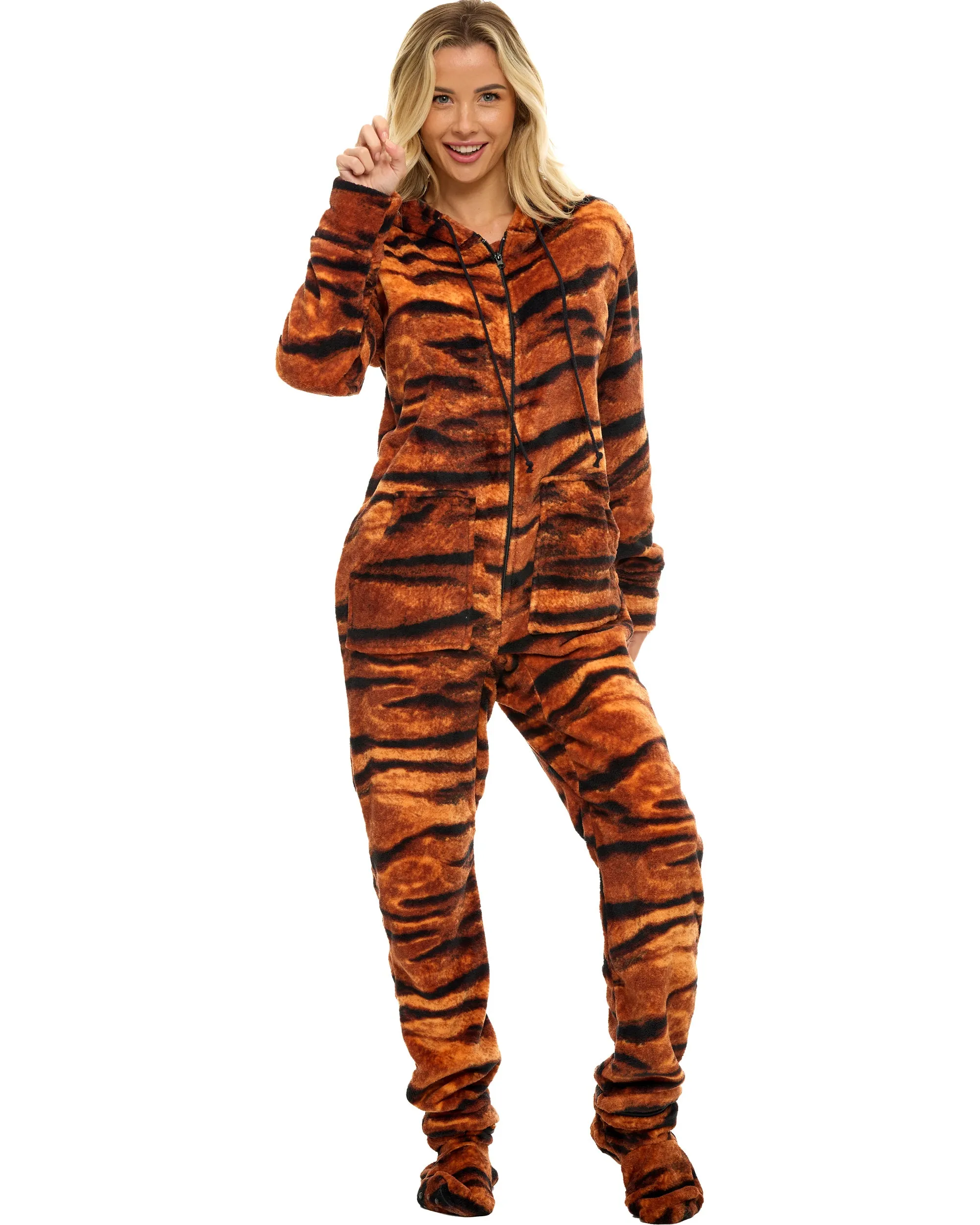 Women's Hooded Footed Pajamas, Plush Adult Onesie, Winter PJs with Hood