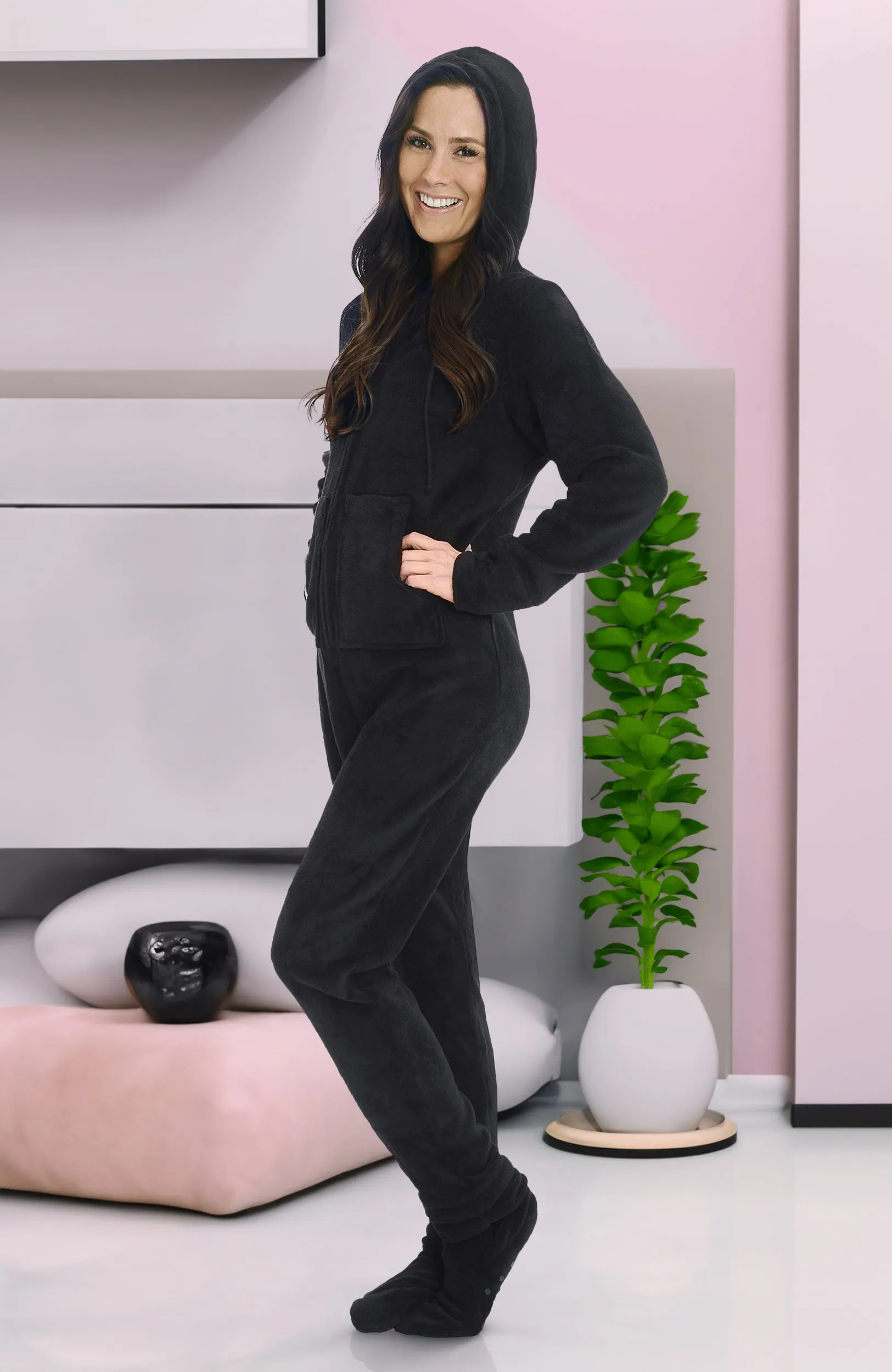 Women's Hooded Footed Pajamas, Plush Adult Onesie, Winter PJs with Hood
