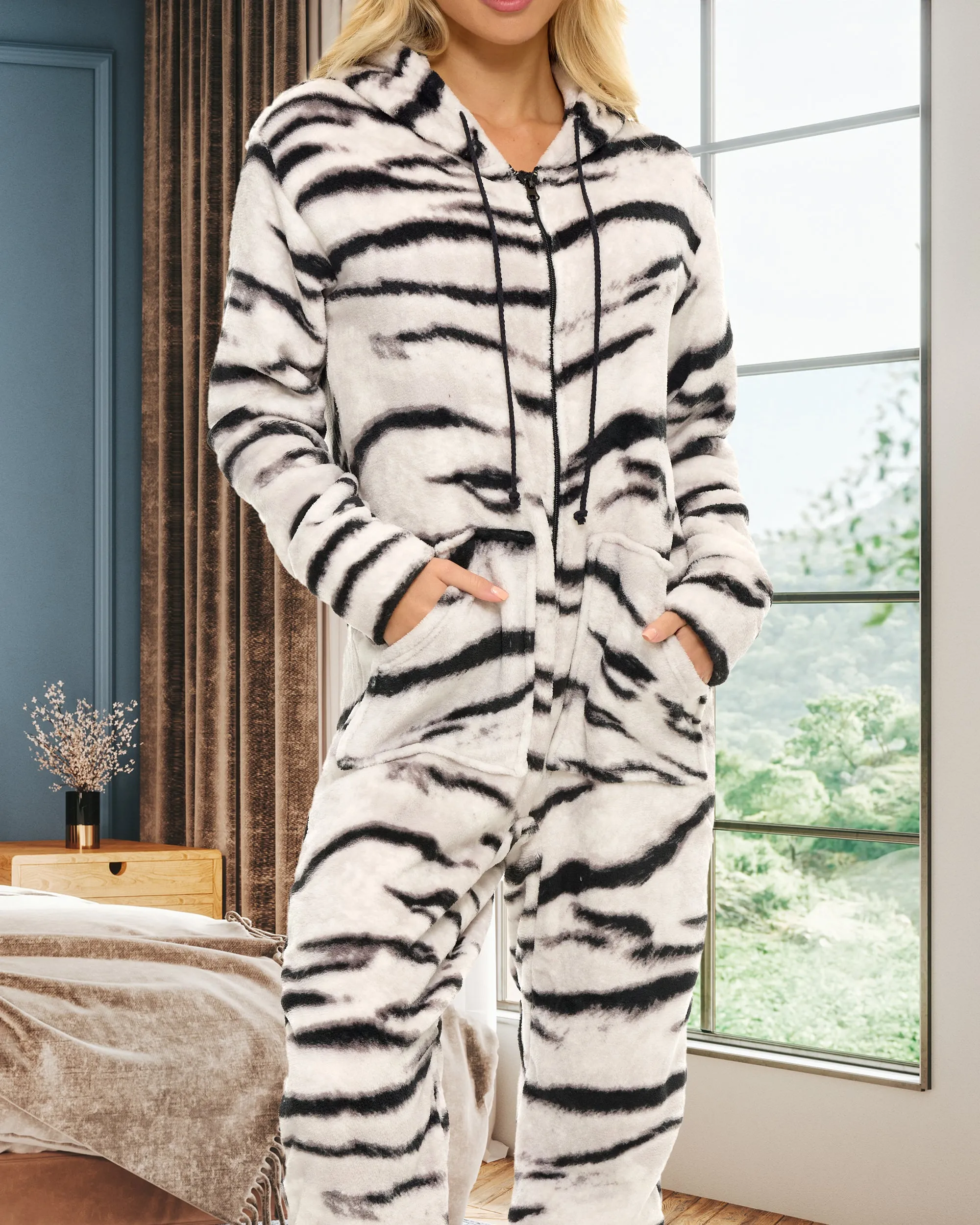 Women's Hooded Footed Pajamas, Plush Adult Onesie, Winter PJs with Hood