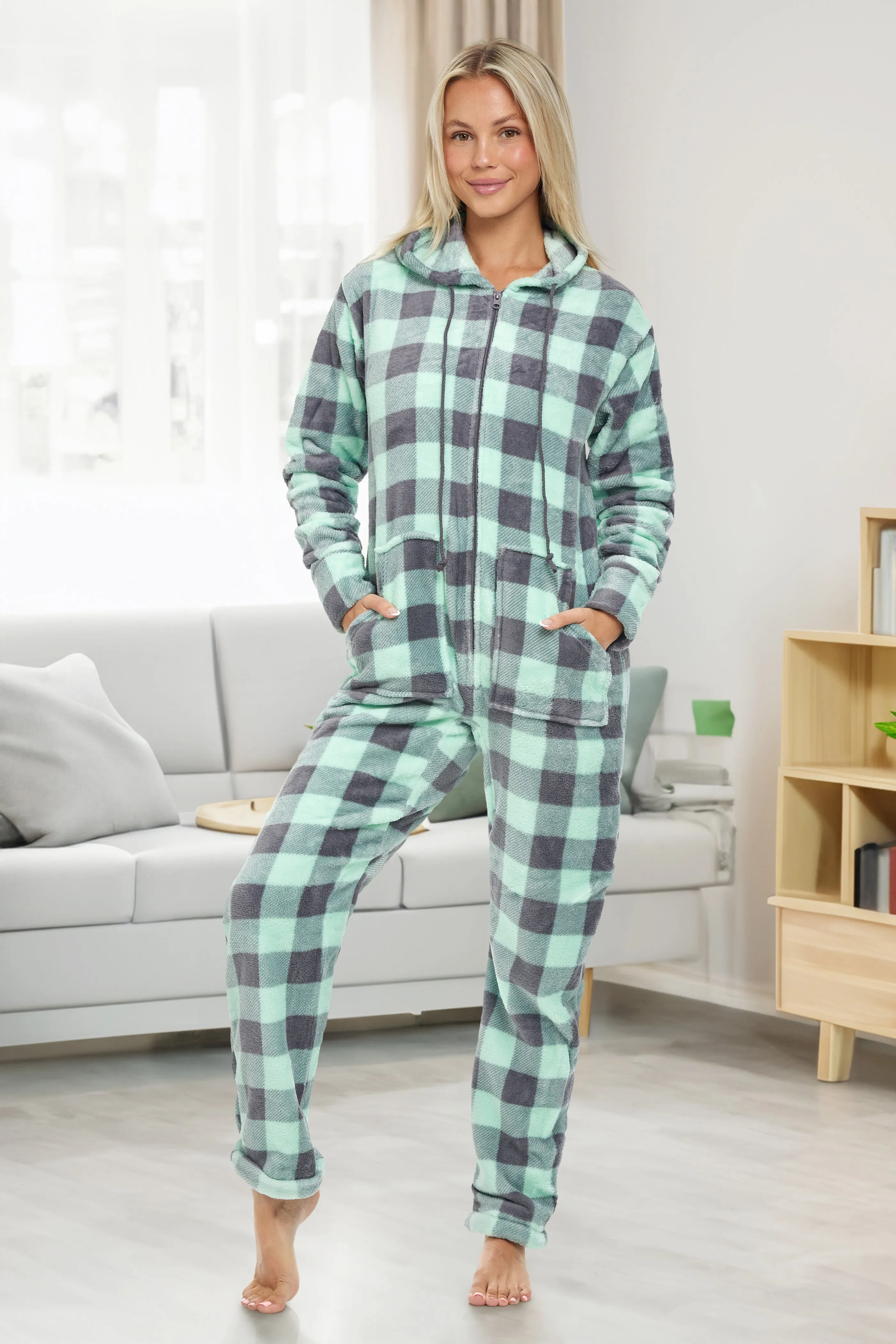 Women's Hooded Footed Pajamas, Plush Adult Onesie, Winter PJs with Hood
