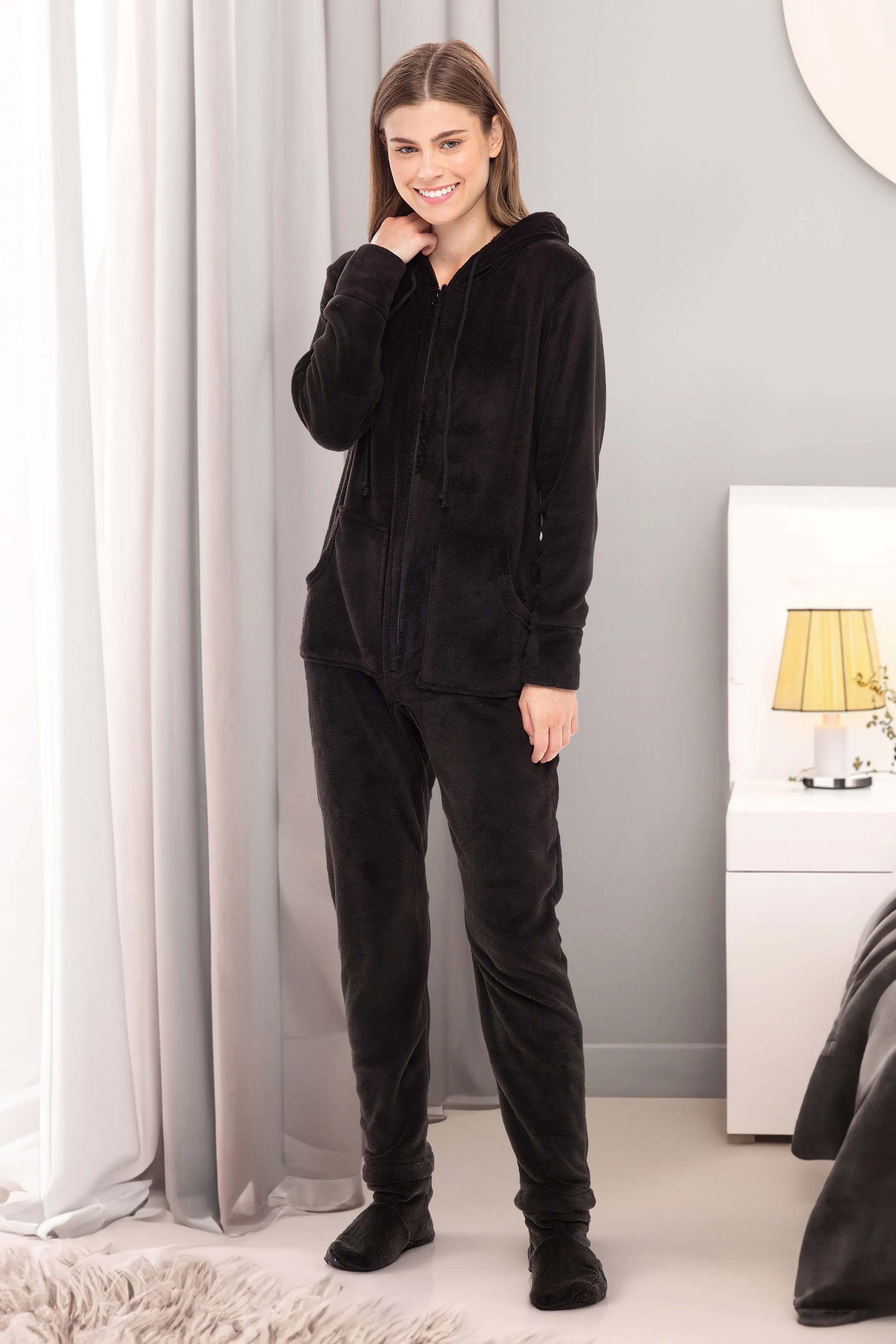 Women's Hooded Footed Pajamas, Plush Adult Onesie, Winter PJs with Hood