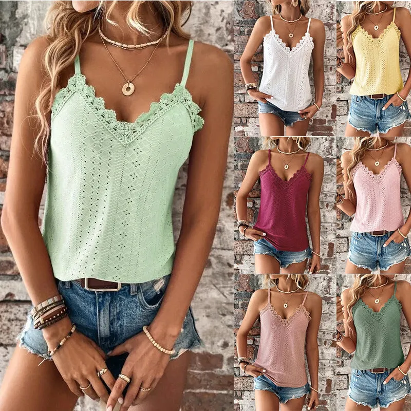 Women’s V-Neck Spaghetti Strap Tank Top with Lace Trim