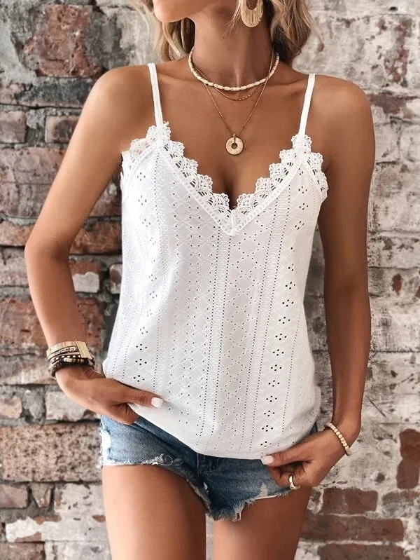 Women’s V-Neck Spaghetti Strap Tank Top with Lace Trim