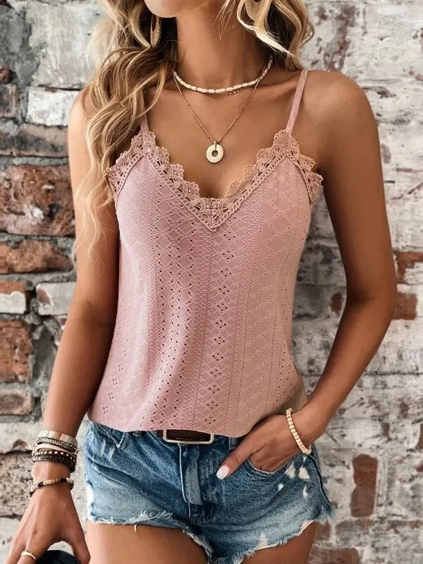 Women’s V-Neck Spaghetti Strap Tank Top with Lace Trim