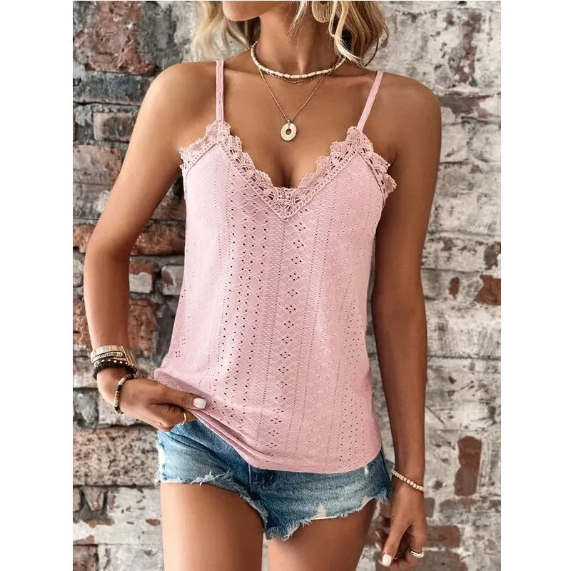 Women’s V-Neck Spaghetti Strap Tank Top with Lace Trim