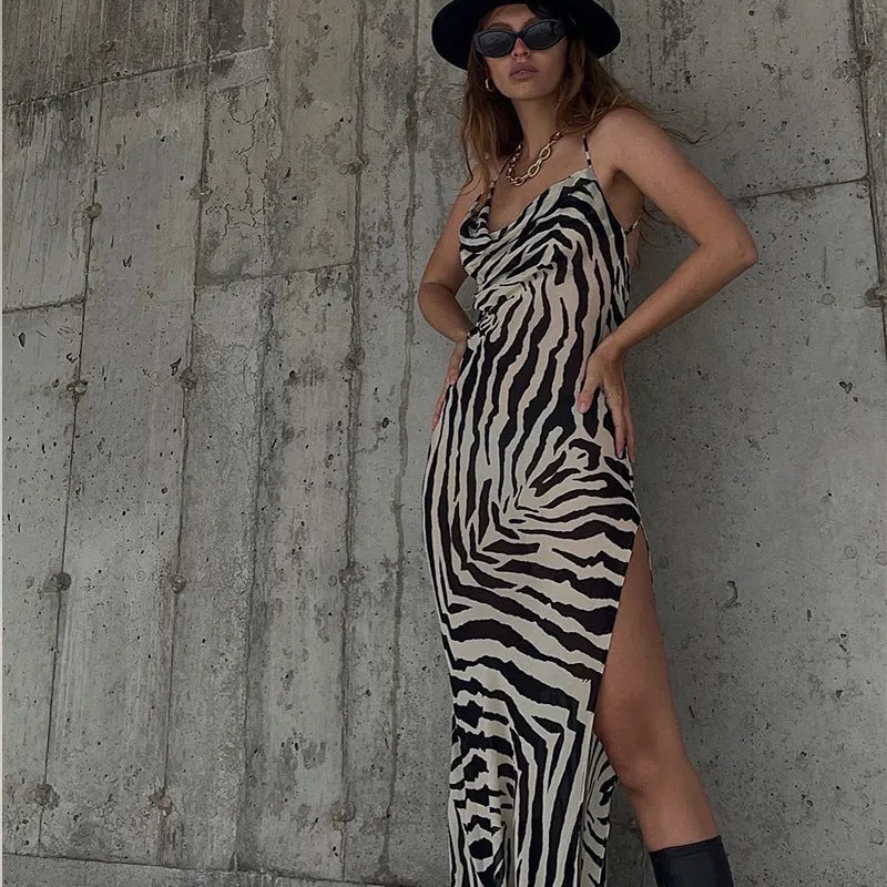 Zebra Printed Backless Halter Dress